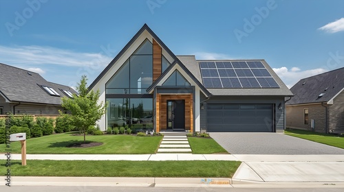 Modern a frame house with solar panels on roof and large windows under a clear blue sky on a sunny day