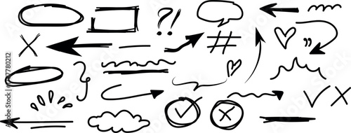 A collection of hand-drawn doodle elements including arrows shapes question marks and checkmarks on a white background.
