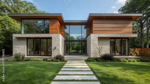 Modern architectural masterpiece showcasing a luxurious two story residence with a stone and wood facade surrounded by lush green trees and a manicured lawn