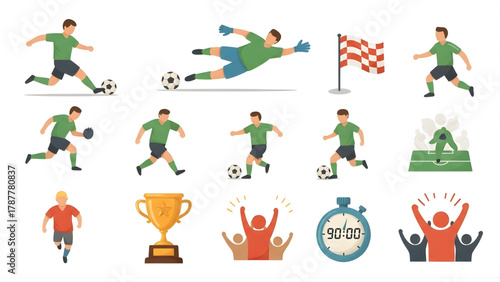 Collection of soccer illustrations depicting players, a goalkeeper, a trophy, a timer, and a goal flag