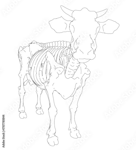 Zombie cow skeleton illustration with terrifying detailed bone structure and clean contour lines. This monochrome illustration features a complete bovine anatomy on plain white background.