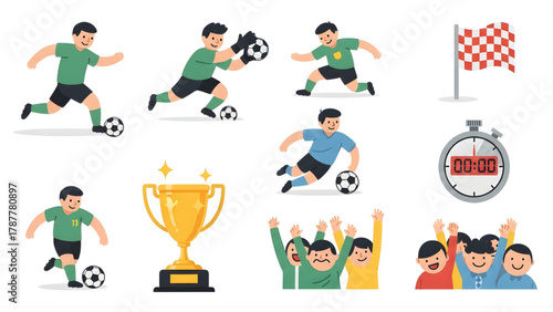 Collection of Soccer Icons Players, Equipment, and Celebration Elements for Sports Design