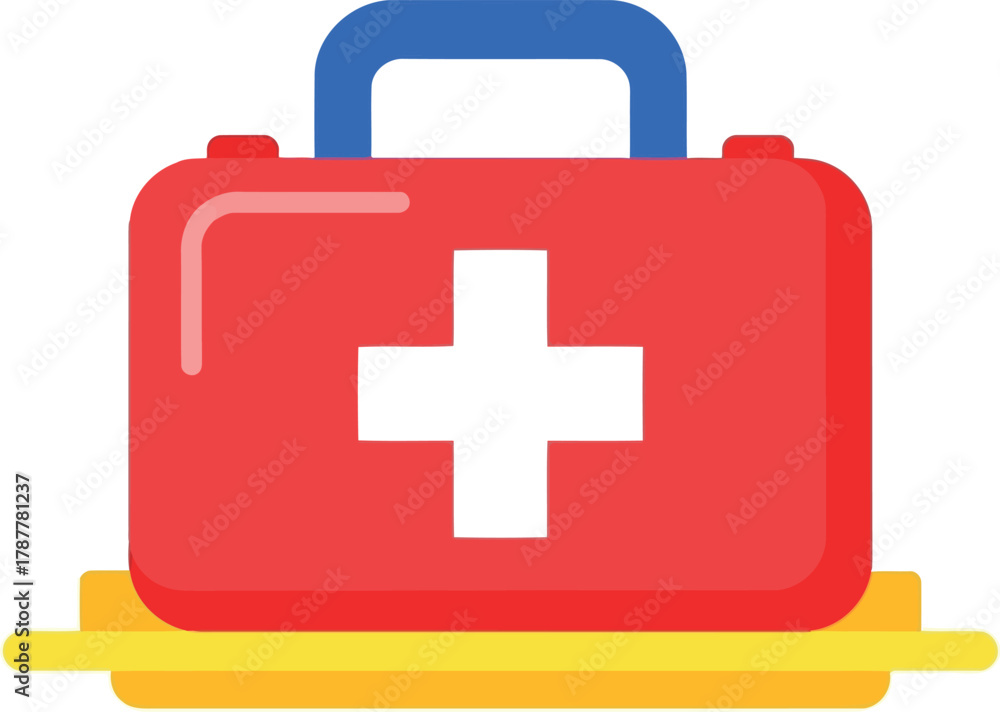 Obraz premium Red first aid kit with white cross and blue handle