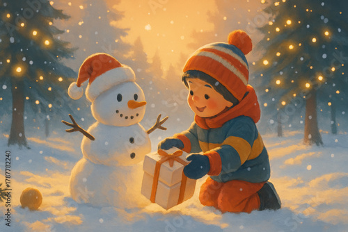 young boy with dark hair kneels in the snow, opening a gift. A cheerful snowman stands nearby, surrounded by a winter forest and soft glowing lights