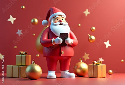 A cheerful Santa Claus stands holding a smartphone. He wears a red suit and hat, with a white beard. Surrounding him are golden ornaments and gift boxes.