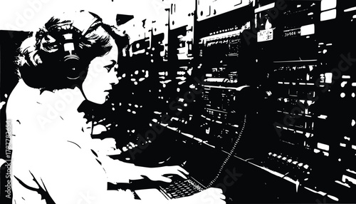 High-Contrast Black and White Illustration of an Operator with Headphones Working at a Complex Electronic Console 