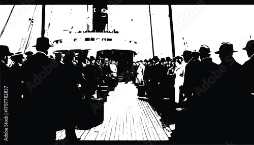 High-Contrast Black and White Illustration of a Formal Gathering of People on the Wooden Deck of a Large Vintage Ship 