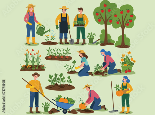 Gardeners and farmers doing various farm tasks