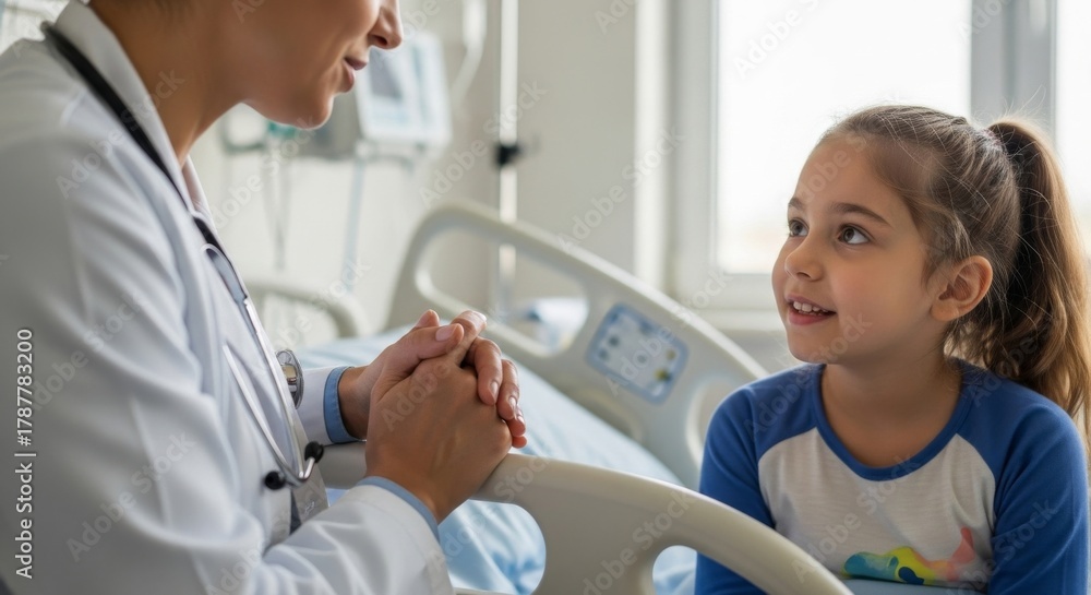 Obraz premium Doctor Comforting Young Patient in Hospital Bed