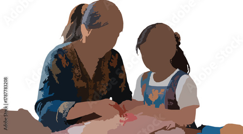 Posterized Vector Illustration of a Woman and Young Girl Engaged in a Shared Activity or Craft in Abstract Color Blocks 