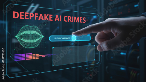 Deepfake ai crimes concept with hand interacting on futuristic digital interface focusing on lip sync variance for security and detection