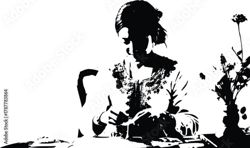High-Contrast Black and White Illustration of a Woman Seated at a Table, Focused on Detail Work, Crafting or Writing 