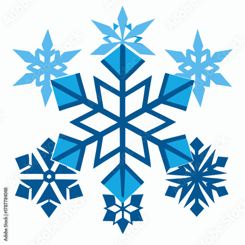 A cluster of blue and white geometric snowflakes