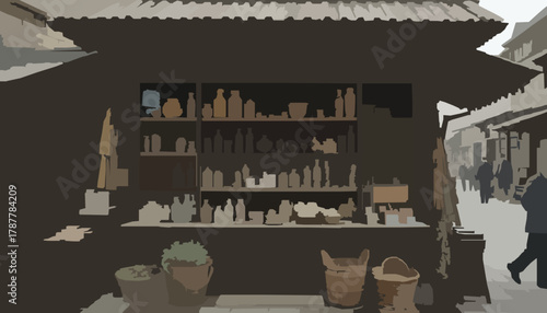 Vector Art of a Traditional Marketplace Shopfront with Shelves Displaying Rustic Bottles and Goods in a Stylized Old Town Setting (149 characters)