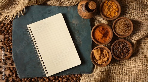 Culinary Creation: A composition of culinary delights awaits, featuring an empty notepad poised alongside a colorful array of aromatic spices. Infused with flavor and creativity.