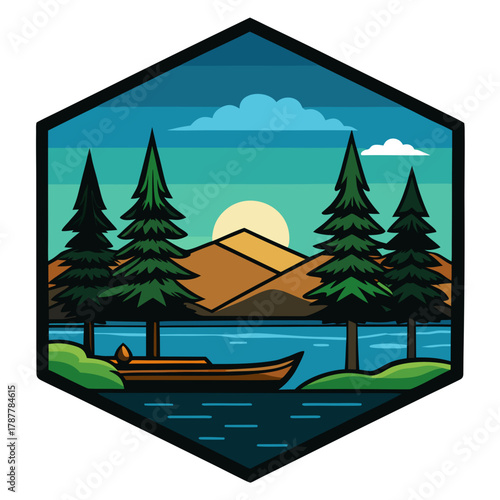 Serene lakeside landscape with pine trees and canoe