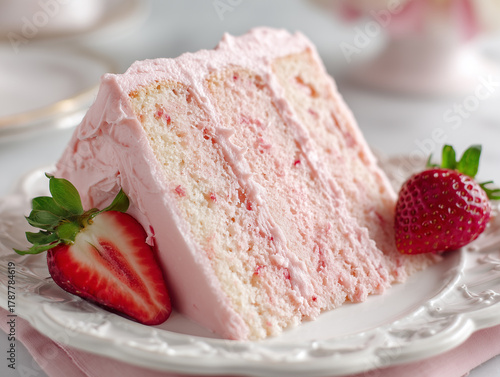 Photoshoot of slice of delicious strawberry cake with colorful icing and fresh strawberry. Strawberry cake for event or party