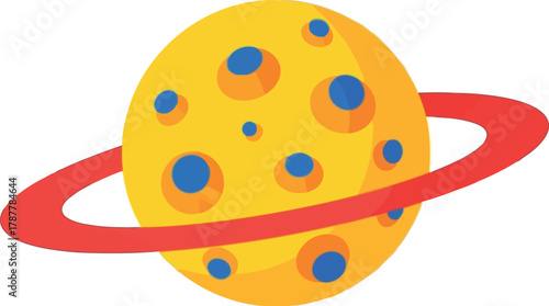 Cartoon yellow planet with red ring blue spots