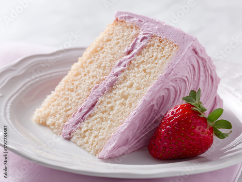 Photoshoot of slice of delicious strawberry cake with colorful icing and fresh strawberry. Strawberry cake for event or party