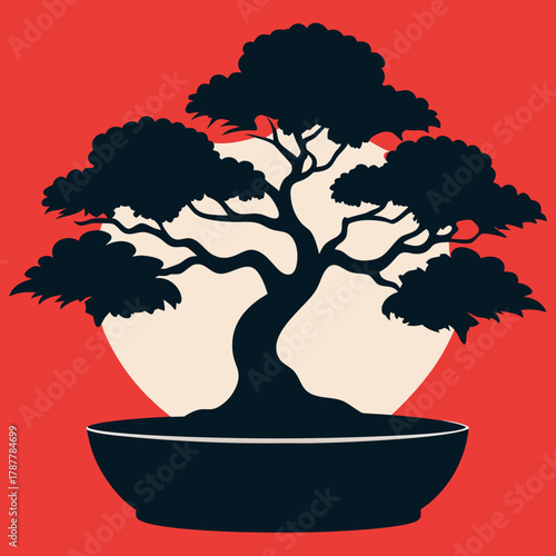 Stylized bonsai tree silhouette against a red background