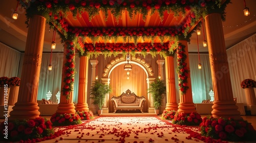Beautifully decorated indian wedding mandap with floral arrangements and lighting