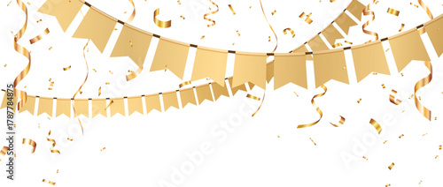 Gold bunting flags, with confetti, birthday banner and backgrounds