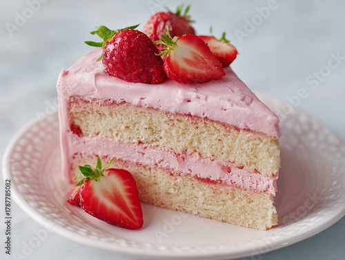 Photoshoot of slice of delicious strawberry cake with colorful icing and fresh strawberry. Strawberry cake for event or party