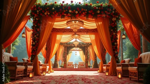 Luxurious indian wedding mandap entrance with drapes and flowers