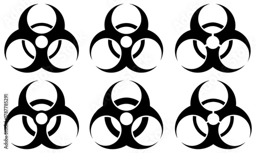 Multiple biohazard symbols alert to danger and risk, suitable for warning signs, science, or cautionary health notices, originally a scalable vector graphic