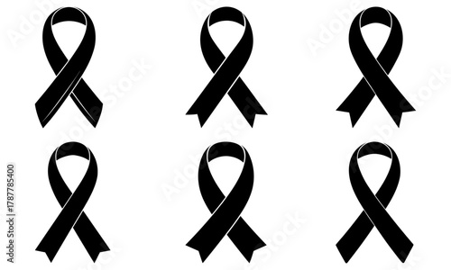 Six simple black awareness ribbons for memorial, mourning, and remembrance projects. Elegant vector graphic symbolizes solidarity and support.