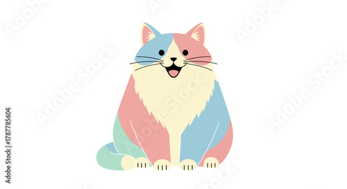 A whimsical cat illustration featuring pastel colors, inspired by the transgender flag, smiling joyfully