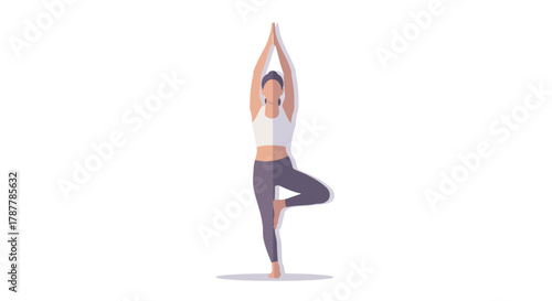 Serene woman in tree pose illustration, embodying mindfulness, balance, and strength in a peaceful yoga practice for health and well-being