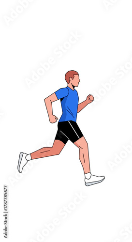 Athletic individual in a blue shirt and black shorts running with determination and focus