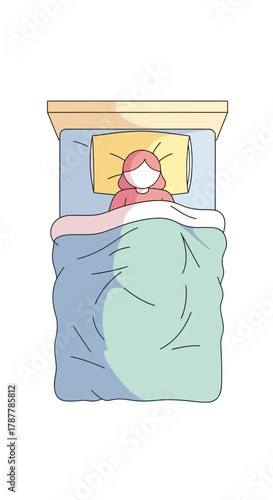 Minimalist top-down illustration of a woman sleeping peacefully in a cozy bed, representing tranquility, rest, and a healthy lifestyle