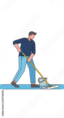 Dedicated man diligently performing the household chore of mopping a floor, ensuring cleanliness and hygiene in a domestic environment, symbolizing responsible home maintenance and personal upkeep