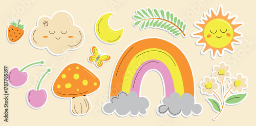 Retro 70s hippie stickers, psychedelic groovy elements. Cartoon funky mushrooms, flowers, rainbow, cloud, berries, vintage hippy style element vector set. Abstract, trendy, funky, nostalgic aesthetic