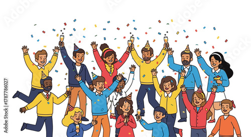 Celebration Crowd Diverse Group Rejoices with Confetti and Champagne Cheers, Joyful Party Moments