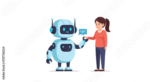 Robot assistant interacting with a human woman, discussing information and solutions with technology
