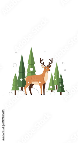 A whimsical illustration of a deer standing amongst Christmas trees in a winter forest