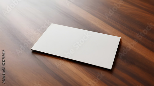 Minimalist Card on Wooden Surface: A pristine, blank card rests elegantly on a polished wooden surface, presenting a clean and versatile backdrop for design or messaging.