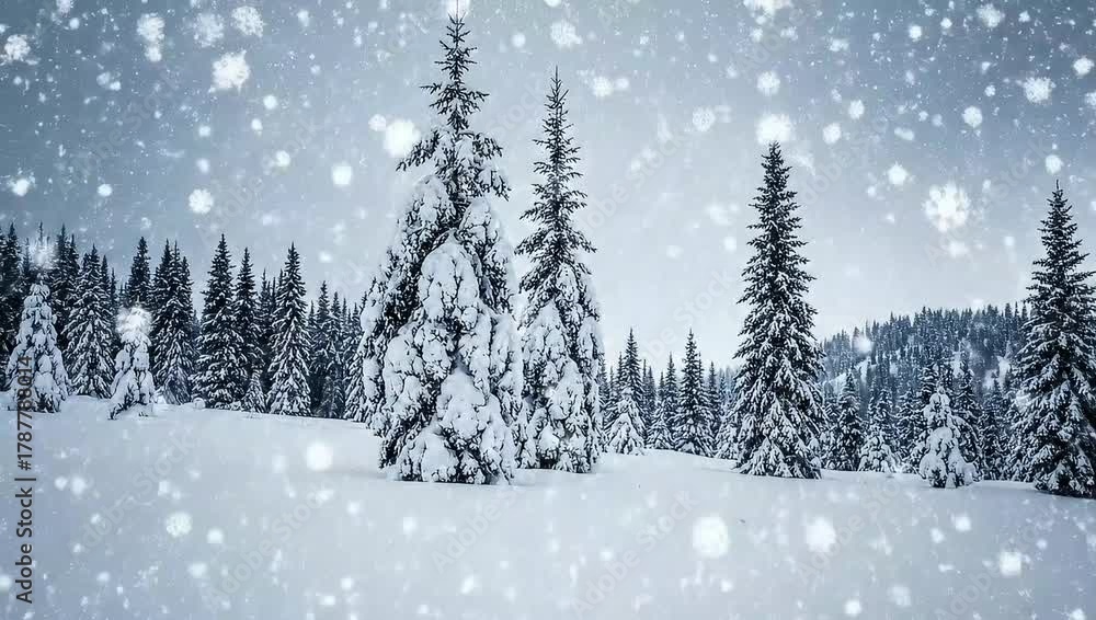 custom made wallpaper toronto digital"Magical Winter Wonderland: Heavy Snowfall in a Forest of Snow-Covered Pine Trees and Giant Snowflakes"
