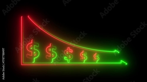 Abstract neon line dollar business graph animation. Money loss. Cash with down arrow stocks graph, concept of financial crisis, market fall. Declining profits financial graph animation with down arrow