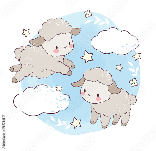 Hand drawn cute sheep with clouds and stars, kids print vector illustration