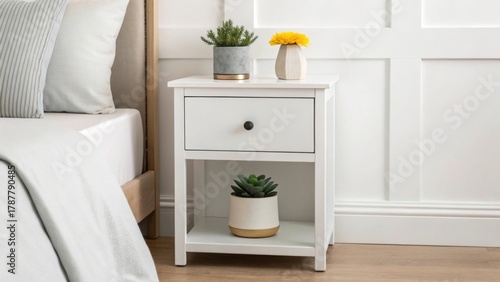 Create a serene minimal modern bedroom with a white nightstand featuring a small pot of succulents and daisies in clean soft tones