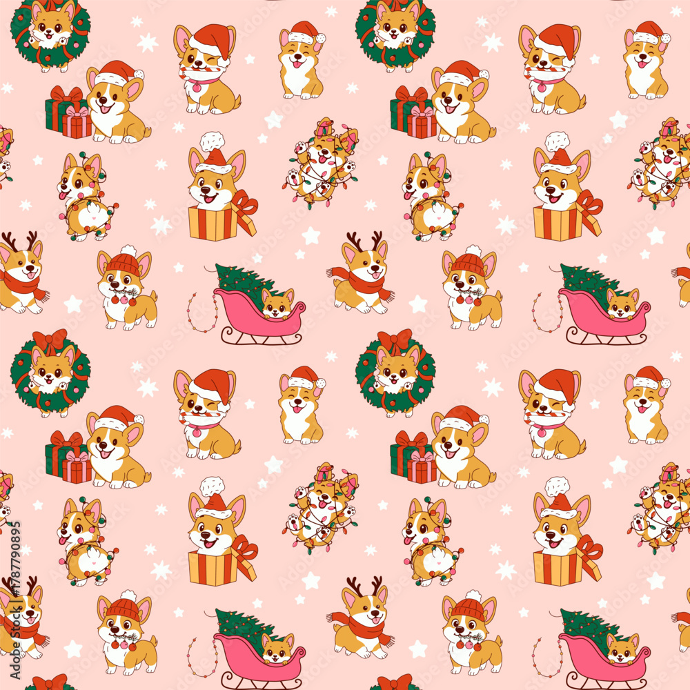 Obraz premium Cute corgis celebrate winter holidays with gifts and decorations on a festive pink background