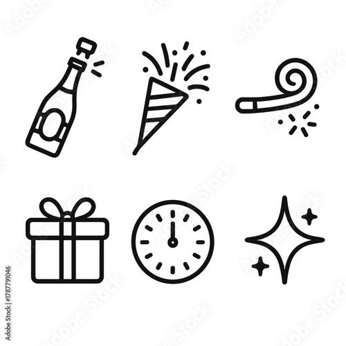 New Year Icons. New Year Surprises outline icon set: champagne bottle, confetti burst, party horn, wrapped present, clock at midnight, sparkling star.