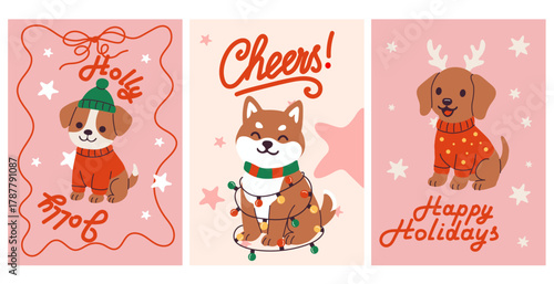 Cute holiday cards featuring playful dogs ready to celebrate seasonal festivities