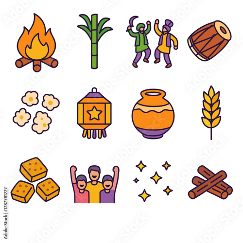 Lohri Celebration Icons. Lohri Harvest Celebration modern flat icon set: bonfire flames, sugarcane bundle, farmers dancing, dholak drum, popcorn kernels, festive lantern, earthen