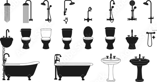 Collection of bathroom fixtures and sanitary equipment silhouettes, modern toilet, shower, bathtub, and sink vector icons for plumbing design, renovation, and interior illustration