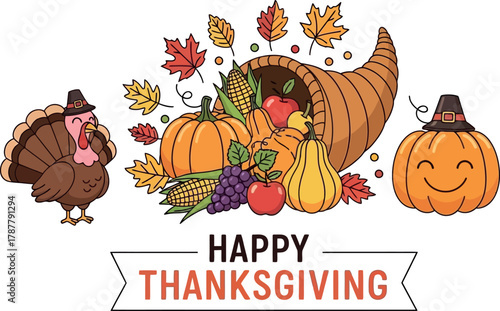 Happy Thanksgiving Illustration with Fruits and Turkey, isolated on white background